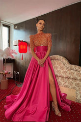 Budget High Neck Half Sleeves Evening Gowns Fuchsia Long Split With Sequins